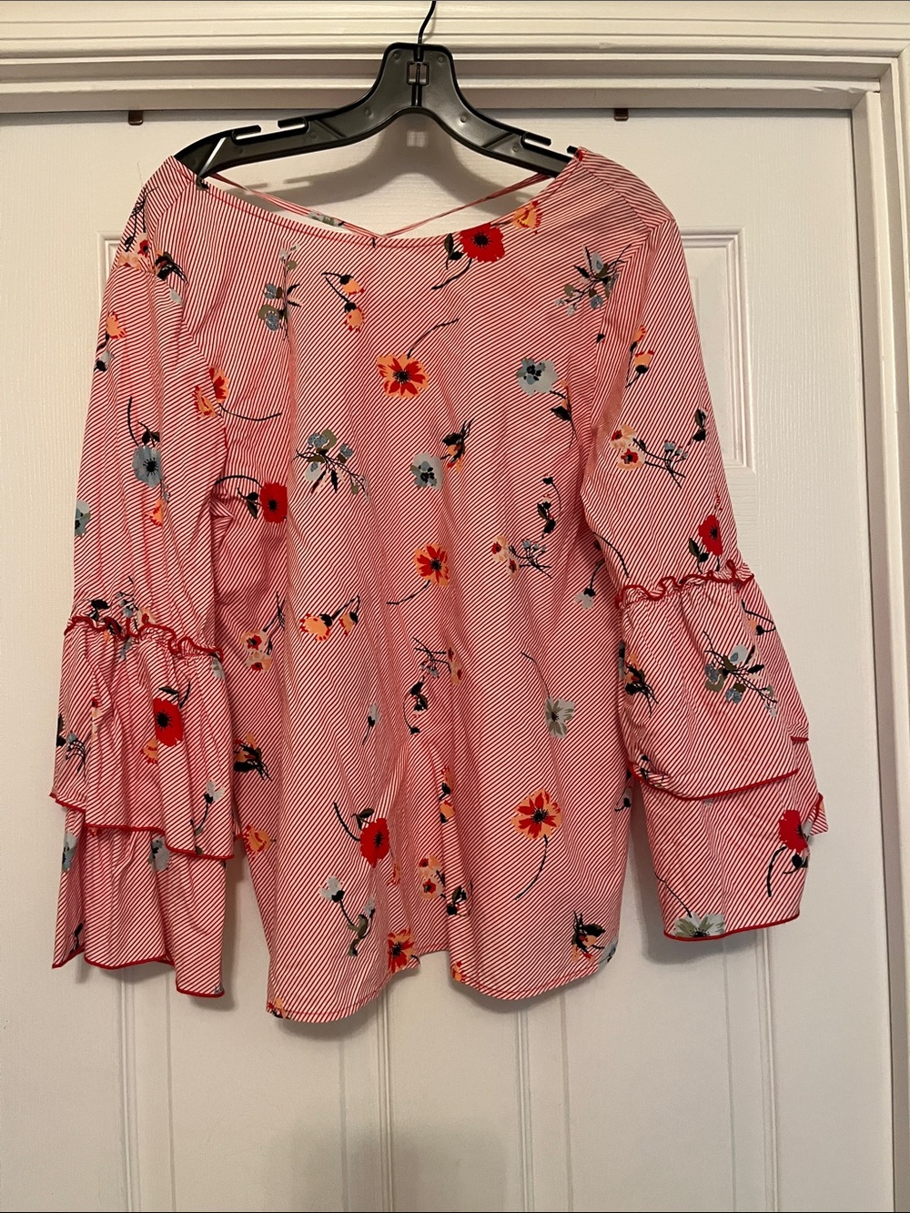 Floral Stripe Off-Shoulder Bell Sleeve Top - Red